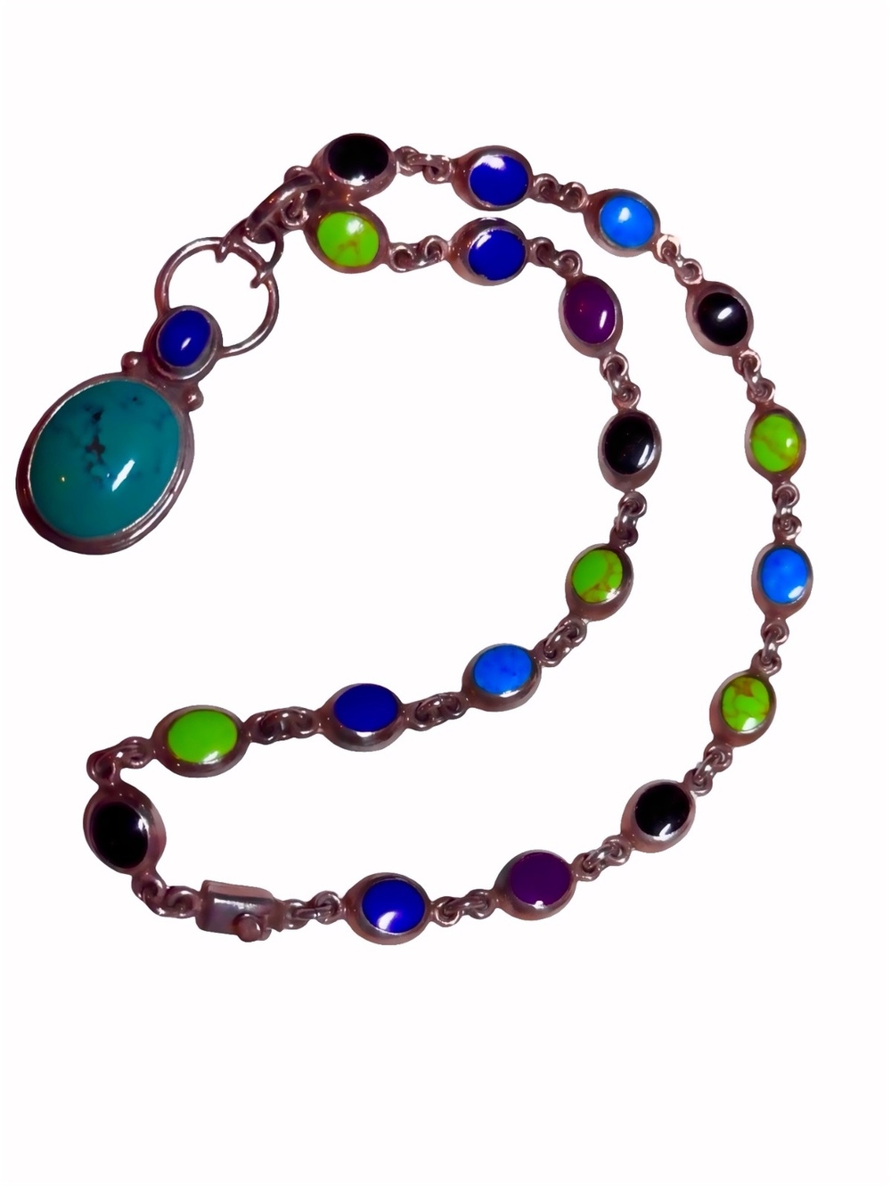 Vintage Mexican Sterling Silver Multistone Necklace w Turquoise Pendant  66 g